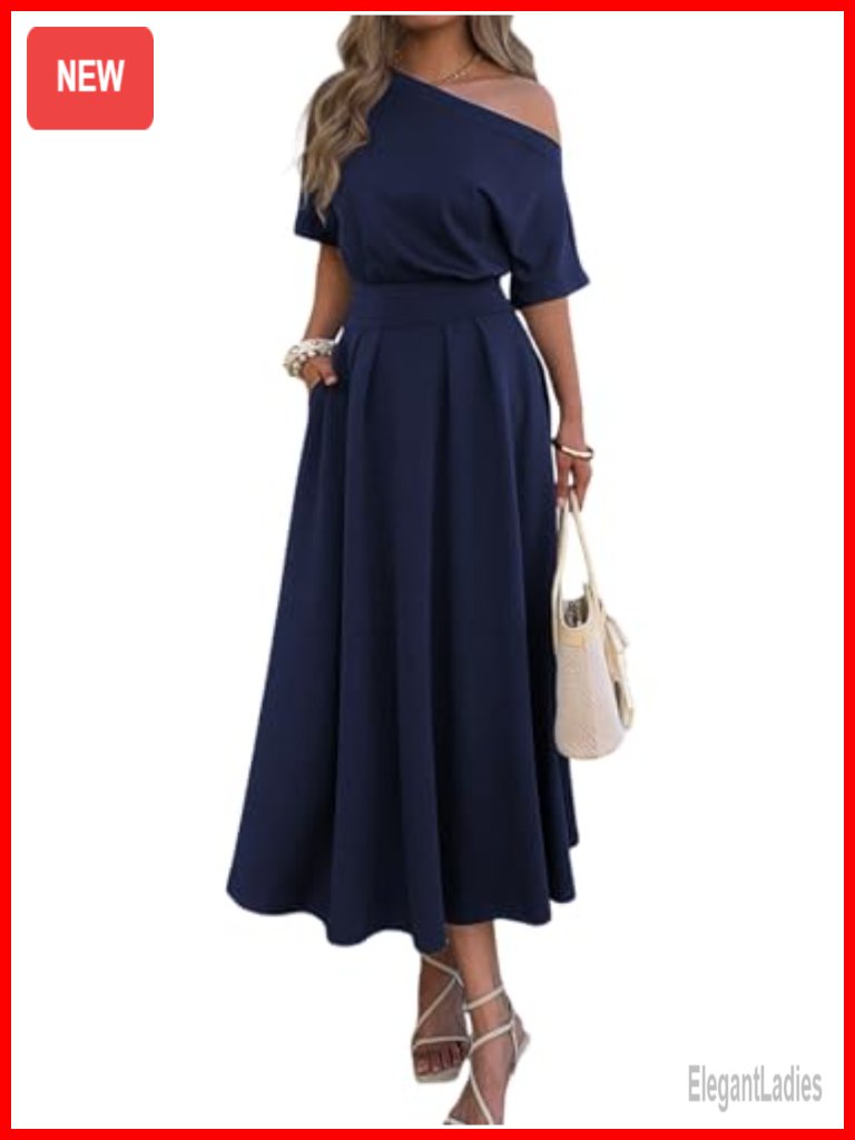 One Shoulder Maxi Dress With Pockets Pleated Empire Waist Casual Formal